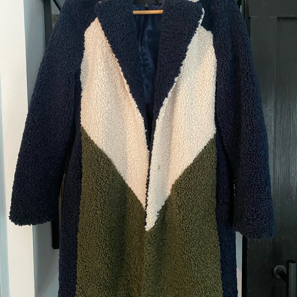 J. Crew Color Block Teddy Jacket in Navy, Cream, and Olive